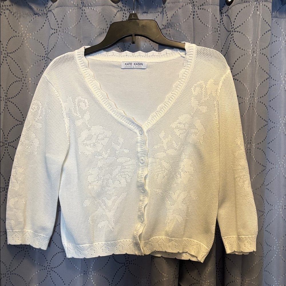 Kate Kasin White Floral Knit Sweater